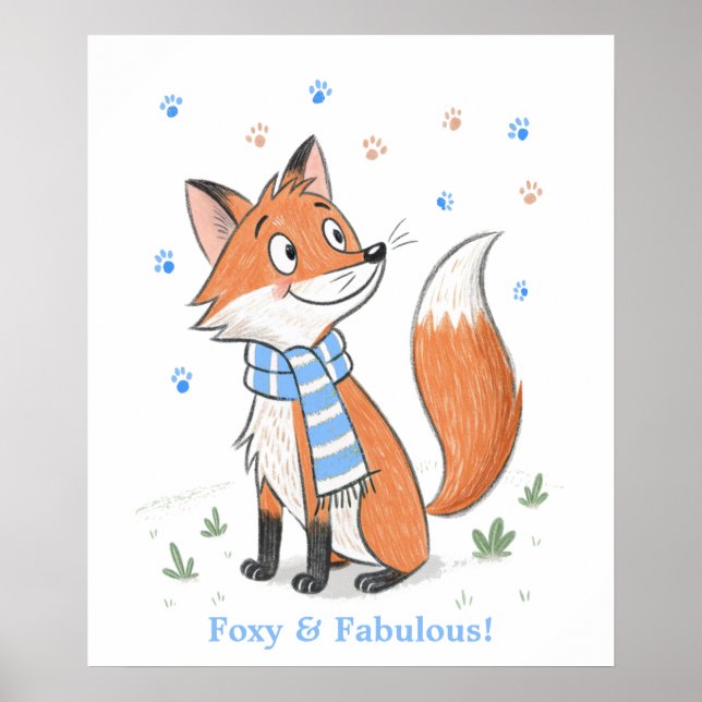 Poster Blue Woodland Cheeky Fox Jouer Doodle animal (Devant)