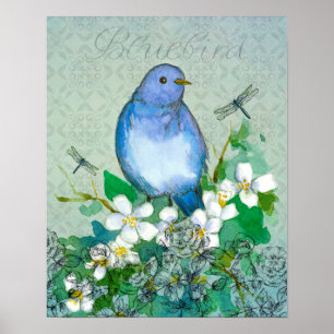Poster Bluebird Flower Collage Dragonflies Syringa