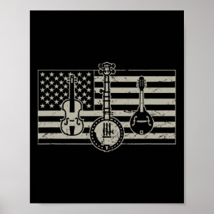 Poster Bluegr Drapeau Usa Guitare Banjo Mandoline 
