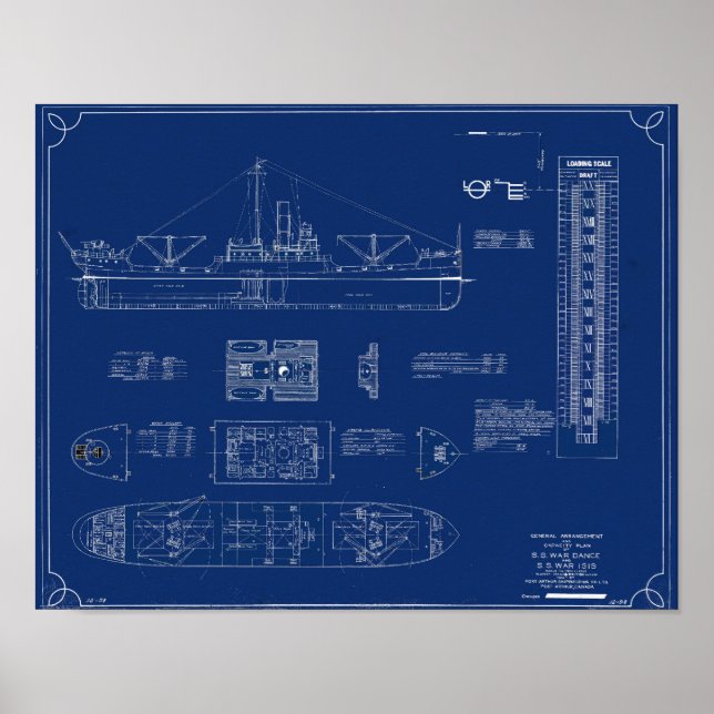 Poster Blueprint of Lake Freighter SS War Dance Print (Devant)