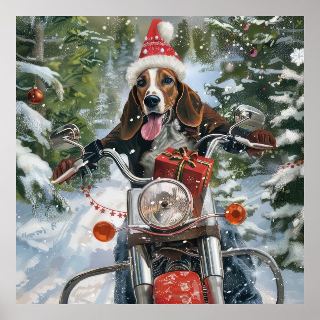 Poster Bluetick Coonhound Dog équitation Motorcycle Noël (Devant)