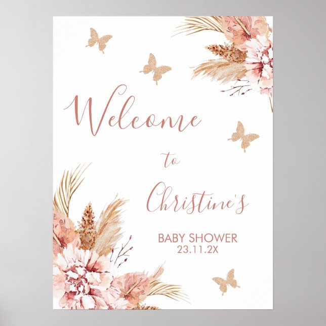 Poster Blush Boho Floral Butterfly Kisses Baby Welcome P (Devant)