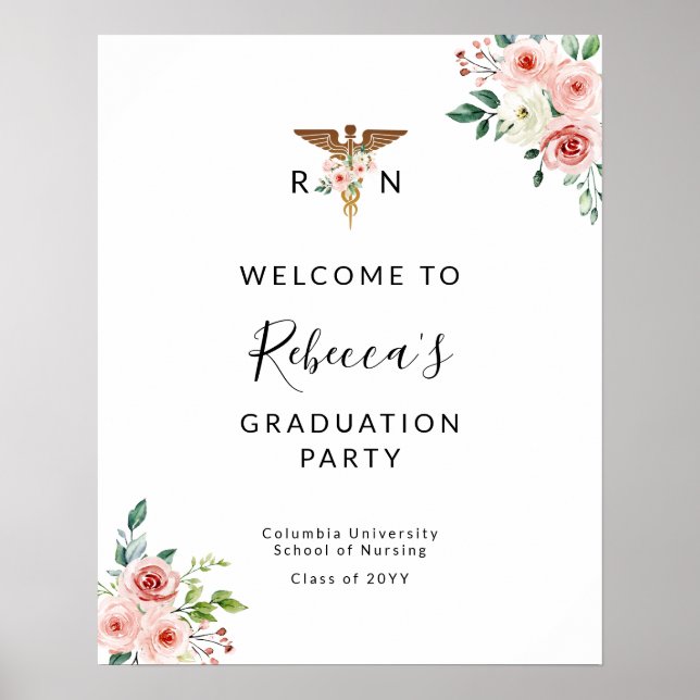 Poster Blush Floral Caduceus Nurse Graduate Welcome Party (Devant)