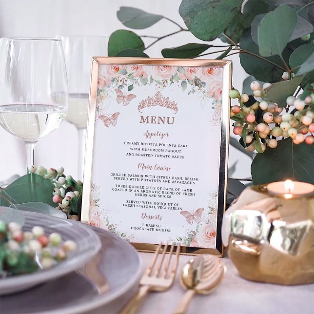 Poster Blush Floral Rose Gold Quinceanera Menu Anniversai (Créateur téléchargé)