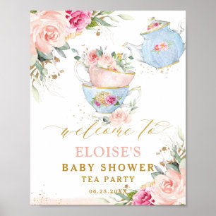 Poster Blush Floral Tea Party Baby shower nuptiale Bienve