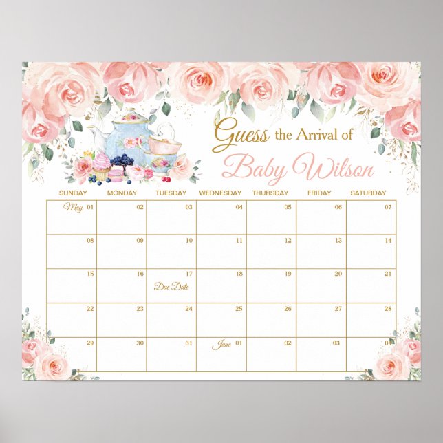 Poster Blush Floral Tea Party Guess Baby's Arrival Game (Devant)
