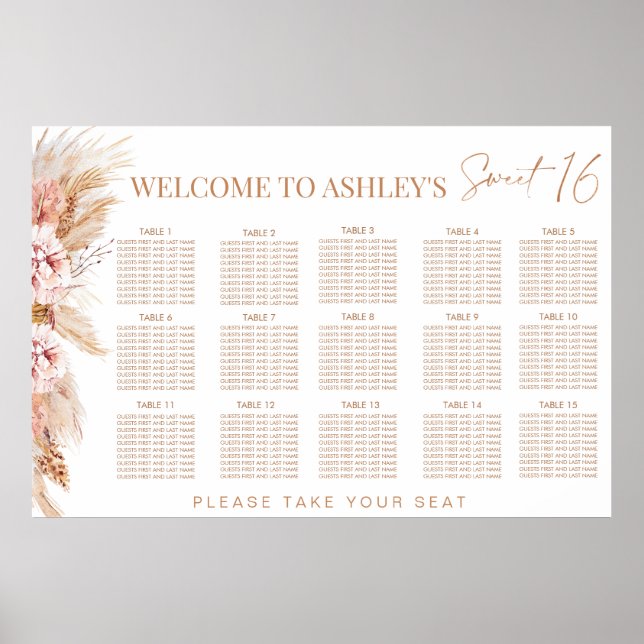 Poster Blush Floral Terracotte Sweet 16 Seating Chart (Devant)