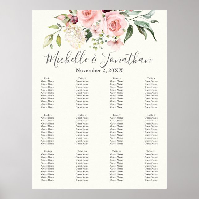 Poster Blush Floral Wedding Seating Chart – Table Plan (Devant)