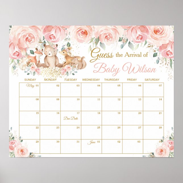 Poster Blush Floral Woodland Guess Baby's Arrival Game (Devant)