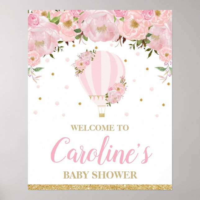 Poster Blush Hot Air Balloon Baby shower fille Bienvenue (Devant)
