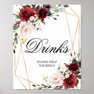 Poster Blush Pink & Burgundy Rose Shower Drinks Sign