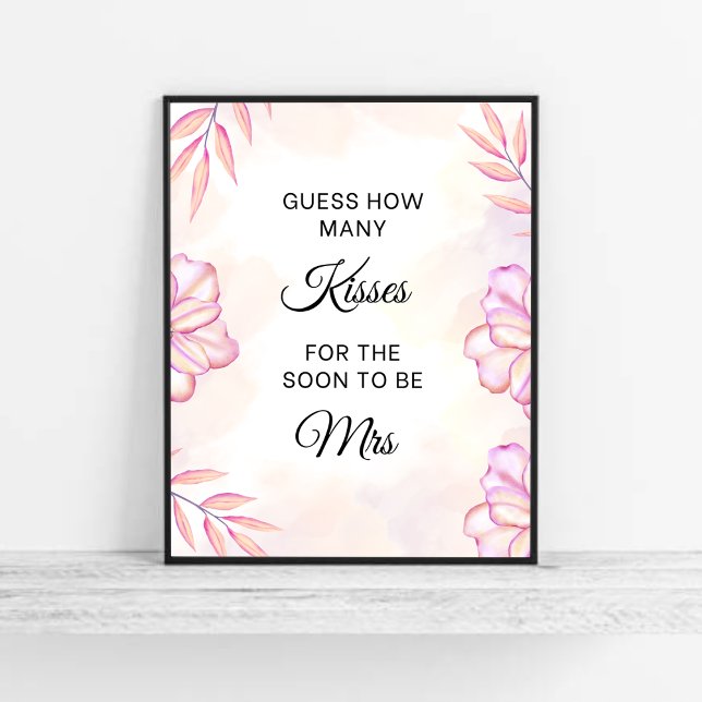 Poster Blush Pink Combien De Baisers Fête des mariées Jeu (Pink Floral Guess How Many Kisses Bridal Shower Game )