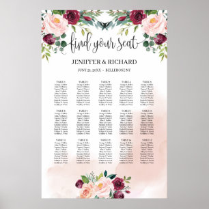 Poster Blush pink floral burgundy greenery seating chart