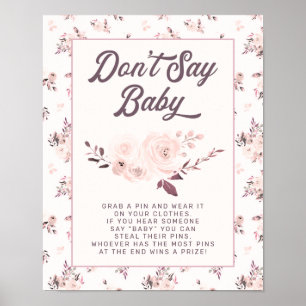 Poster Blush Pink Floral Don't Say Baby Shower Game Sign