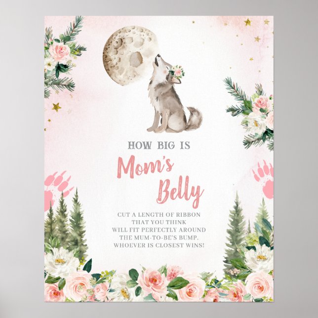 Poster Blush Pink Floral Moon Forest Wolf Mom's Belly (Devant)