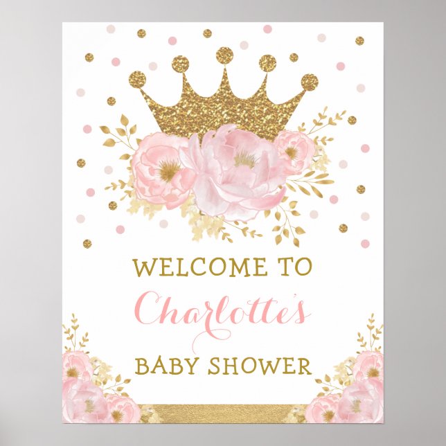 Poster Blush Pink Gold Crown Princess Royal Baby Welcome (Devant)