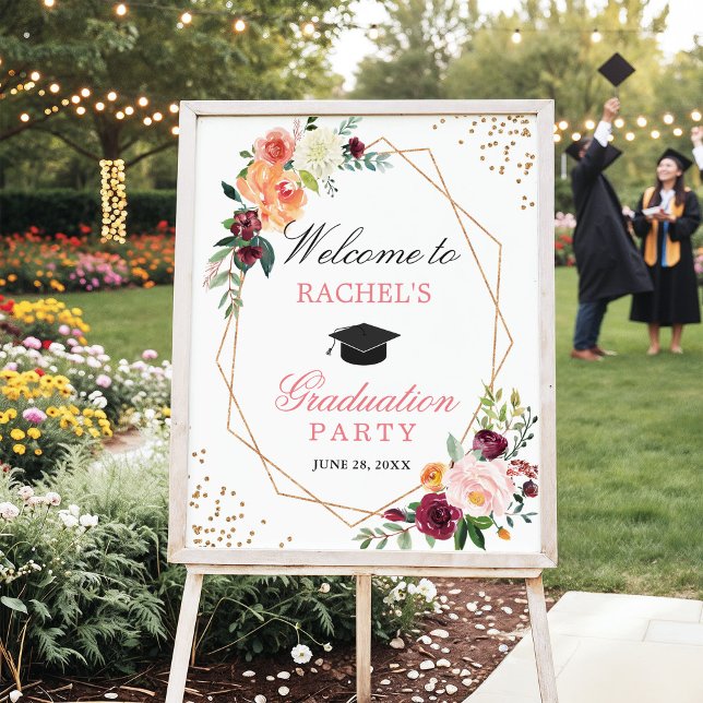 Poster Blush Pink Gold Floral Graduation Party Bienvenue (Créateur téléchargé)