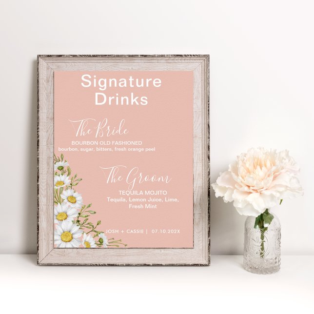 Poster Blush Rose & White Daisies Signature Boissons (Créateur téléchargé)