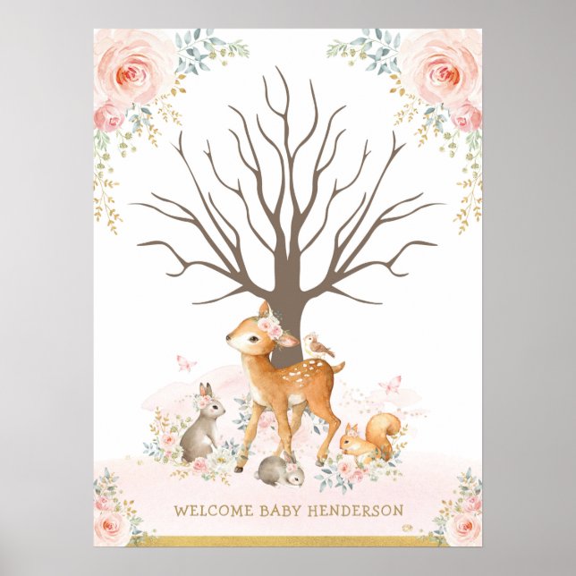 Poster Blush Woodland Animals Baby Thumbprint Guestbook (Devant)