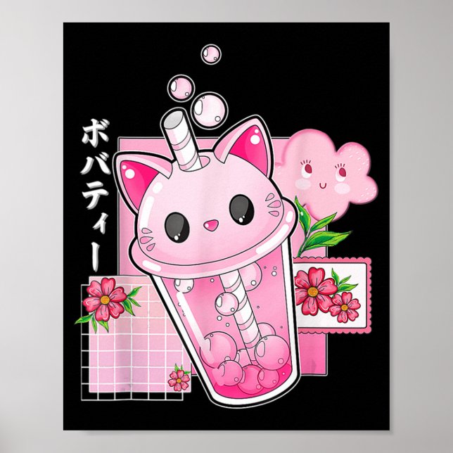Poster Boba Thé Chat Bubble Thé Kawaii Anime Japonaise Fi (Devant)