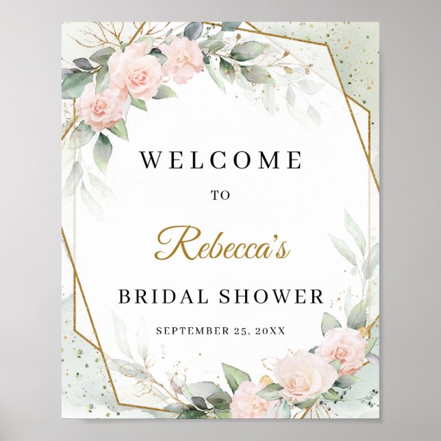 Poster Bogo rose or fleurs eucalyptus et or Bienvenue (Devant)