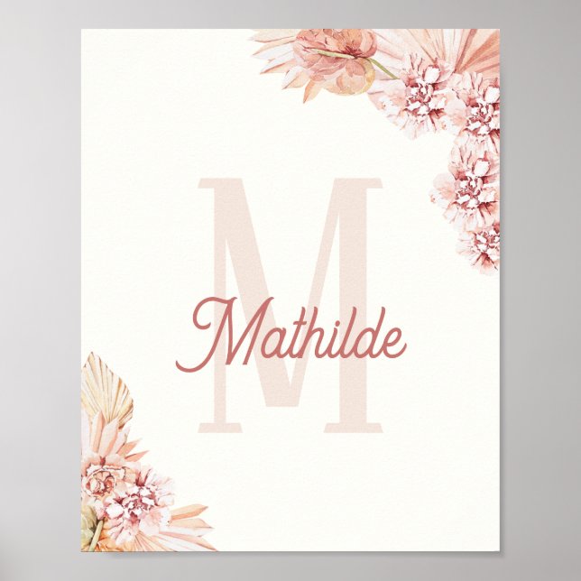 Poster Bohême Baby Girl Initiale Monogramme Nom Nursery (Devant)