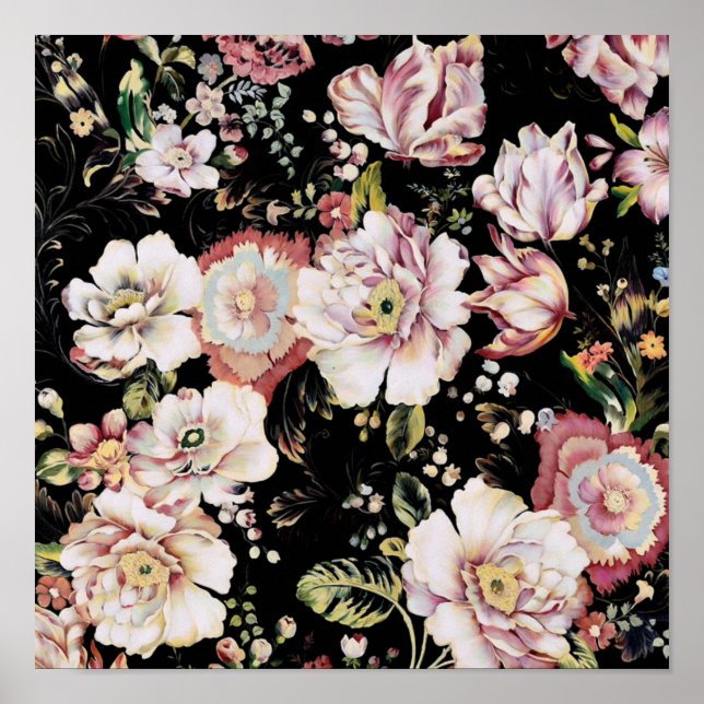 Poster bohème chic rose pâle fleurs sombres floral (Devant)