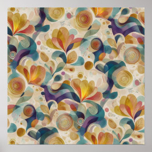 Poster Boho Abstrait Aquarelle Floral Tourbillon Or Turqu