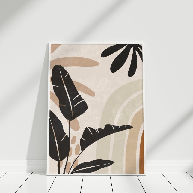 Poster Boho Abstrait Earth Tone Feuilles et Rainbo (Boho Abstract Earth Tone Leaves and Rainbow Poster in a white frame.)