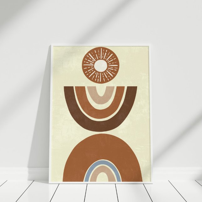 Poster Boho Abstrait Earth Tone Folk et Rainbow (Boho Abstract Earth Tone Folk and Rainbow Poster in a white frame.)