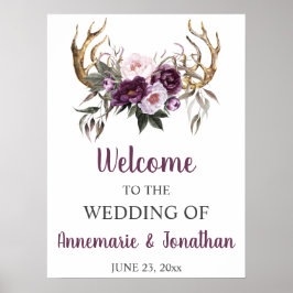 Poster Boho Antlers Purple Plum Peonies Rose Bienvenue