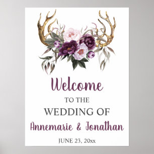 Poster Boho Antlers Purple Plum Peonies Rose Bienvenue