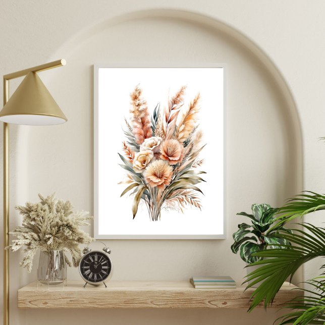 Poster Boho Aquarelle Beige Crème Brown Botanique Florale (Boho Floral Botanical Cream Brown Beige Bouquet Wall Art Poster Print. Printed or Digital Download)