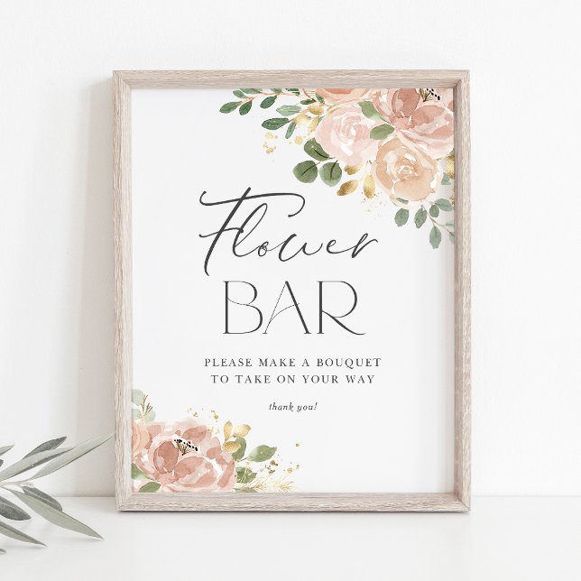 Poster Boho Aquarelle Mauve Peach Flowers Bar (Elegant Flower Bar Sign with Watercolor Mauve Peach Flowers and Faux Gold Foil Accents)