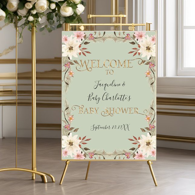 Poster BOHO Aquarelle Sage rose Floral Girl Baby shower (Créateur téléchargé)