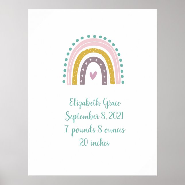 Poster Boho Arc-en-ciel rose Turquoise Coeurs d'or Statis (Devant)