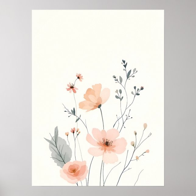 Poster Boho Art Moderne. Croquis Floral Blush Doux (Devant)