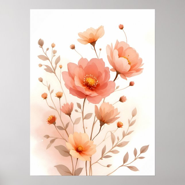 Poster Boho Art Moderne. Peach Doux Floral Aquarelle (Devant)