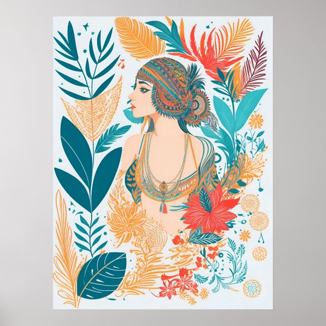 Poster Boho Artistique moderne plumes Femme AI Art (Devant)