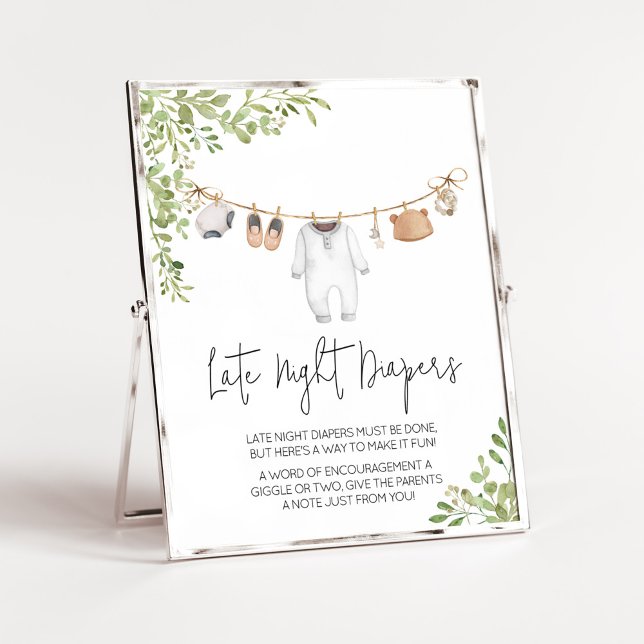 Poster Boho Baby Clothes Baby shower Diapeurs tard la nui (A Sweet Little Baby Boho Baby Shower Late Night Diapers Sign)