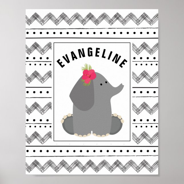 Poster Boho Baby Elephant Floral Noir + Pépinière blanche (Devant)