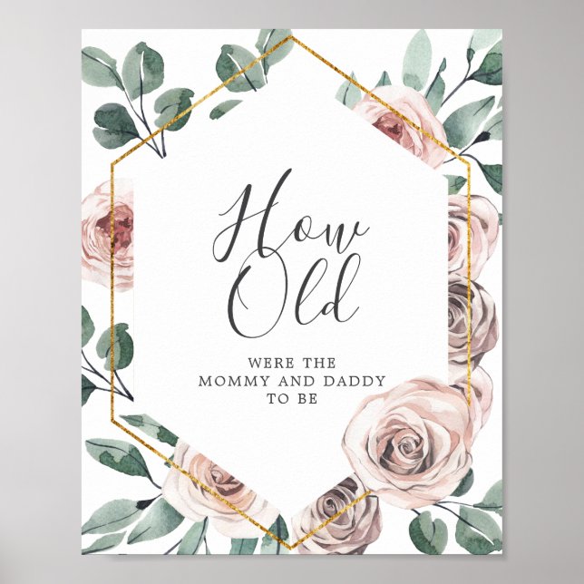 Poster Boho Baby shower Rose Quel âge avaient maman et pa (Devant)