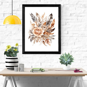 Poster Boho Beige Gris Floral Botanique Plumes
