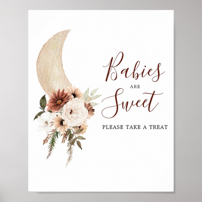 Poster Boho Beige Lune Baby shower Les bébés sont doux (Devant)