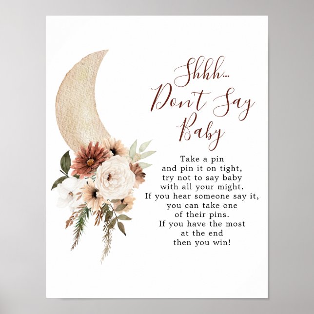 Poster Boho Beige Moon Baby shower Ne pas dire bébé (Devant)