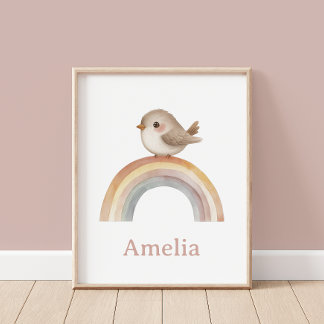 Poster Boho Bird Arc-en-ciel avec le nom bébé Nourriture