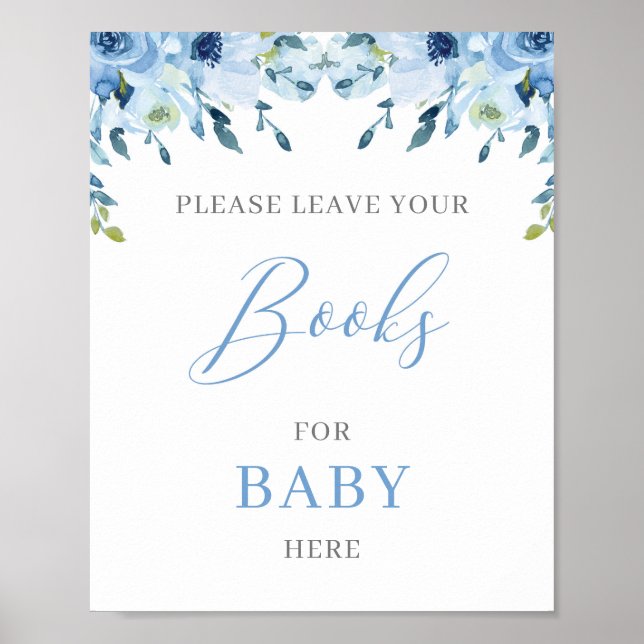 Poster Boho bleu Dusty Floral livres pour bébé signe (Devant)