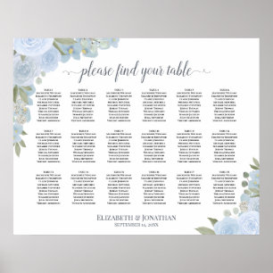 Poster Boho bleu Dusty Roses 18 Table Seating Chart