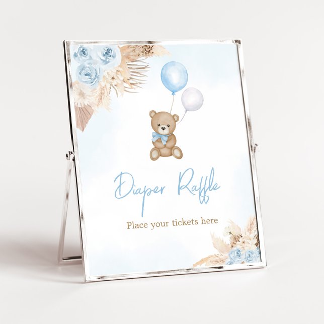 Poster Boho Bleu Nous Pouvons Attendre Rapide Déchets (Blue Pampas Grass Boho Bear Baby Shower Diaper Raffle Sign)