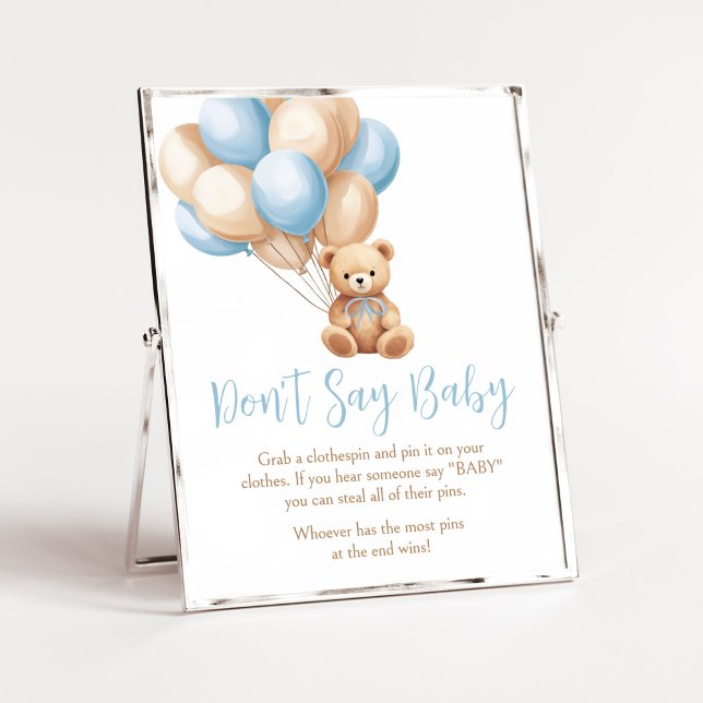 Poster Boho Blue Balloon Bear Baby shower Ne pas dire béb (We Can Bearly Wait Boy Baby Shower Don't Say Baby Sign)